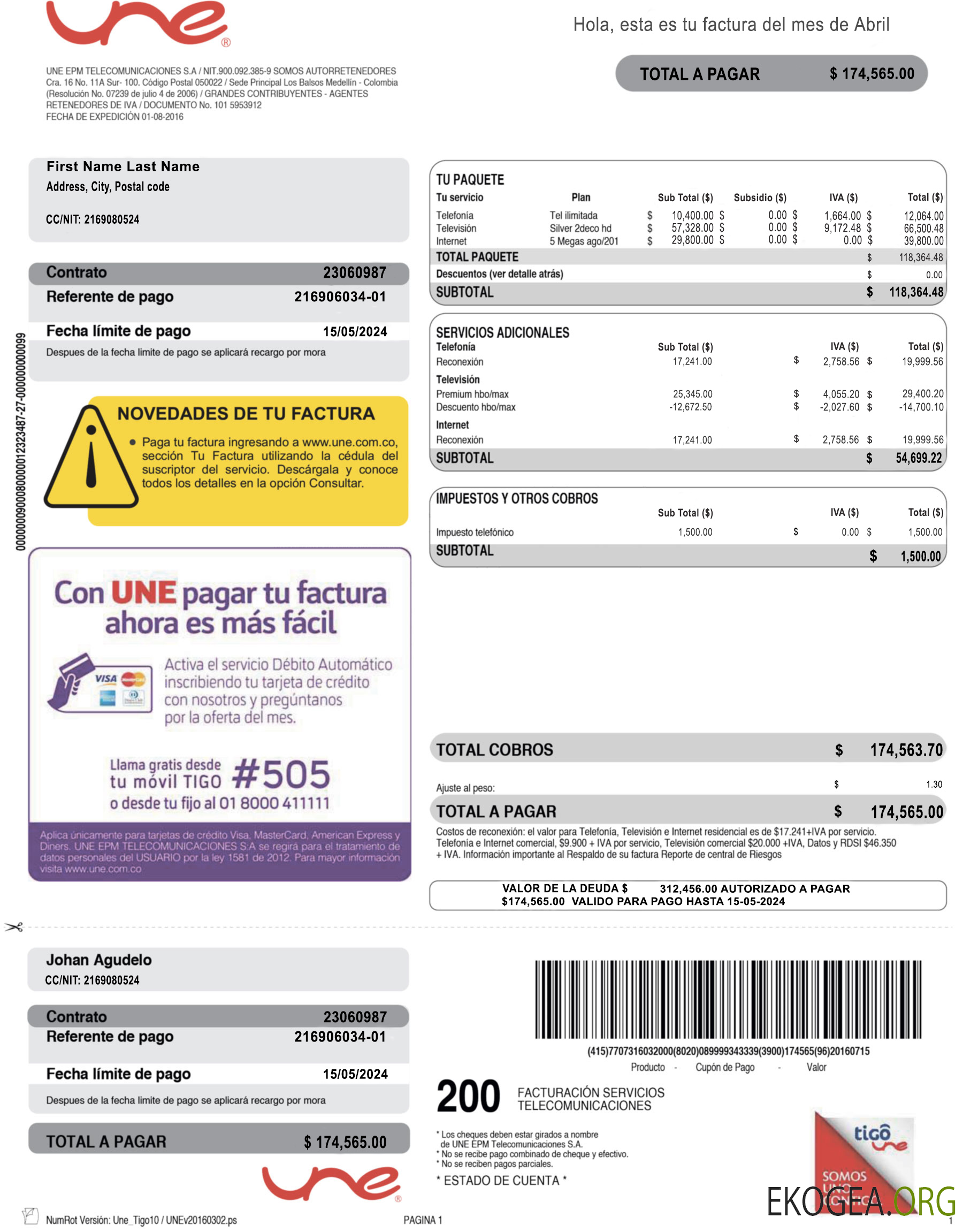 Colombia UNE EPM Telecomunicaciones PSD utility bill